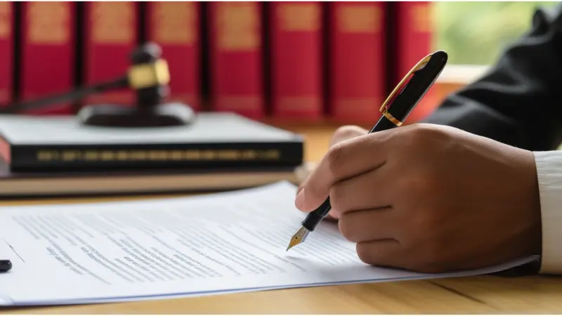 A person signing a car accident witness statement with a pen at a desk.