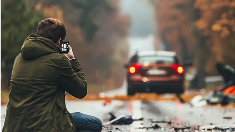 A person take photos to document the car accident scene in NJ