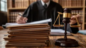 Bundle of Lawsuit documents are placed on table, in front of Lawyer